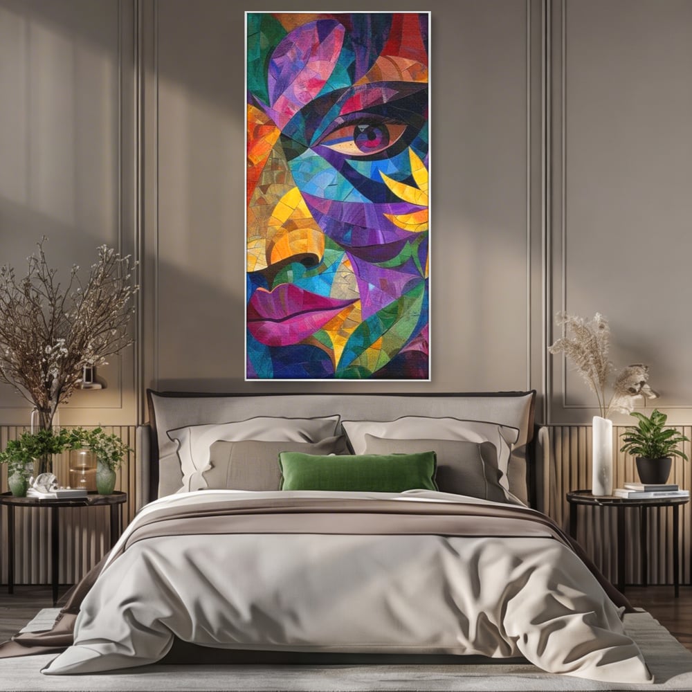 Tablou canvas cu tablou canvas cu chip de femeie in mozaic, in rama de aluminiu argintiu, pe perete intr-un dormitor